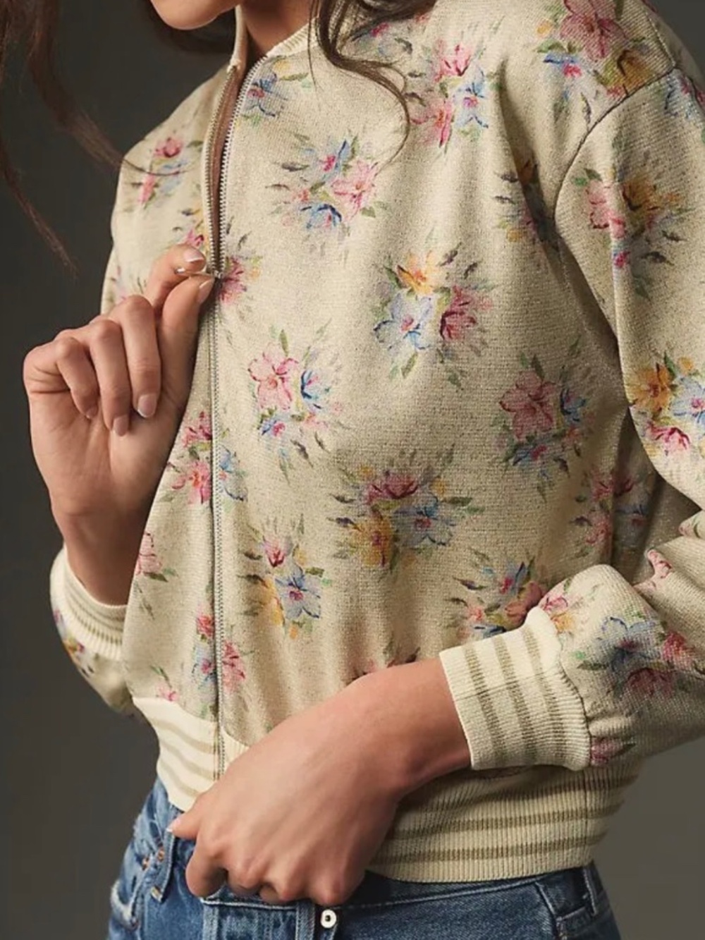 Maeve Lurex Printed Knit Bomber Jacket